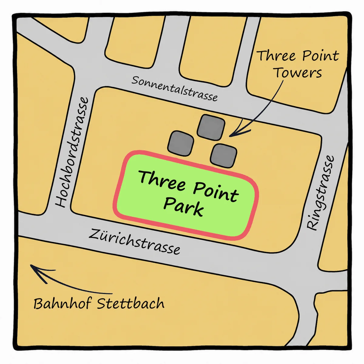 Eine gezeichnete Karte als Situationsplan für einen Park.
